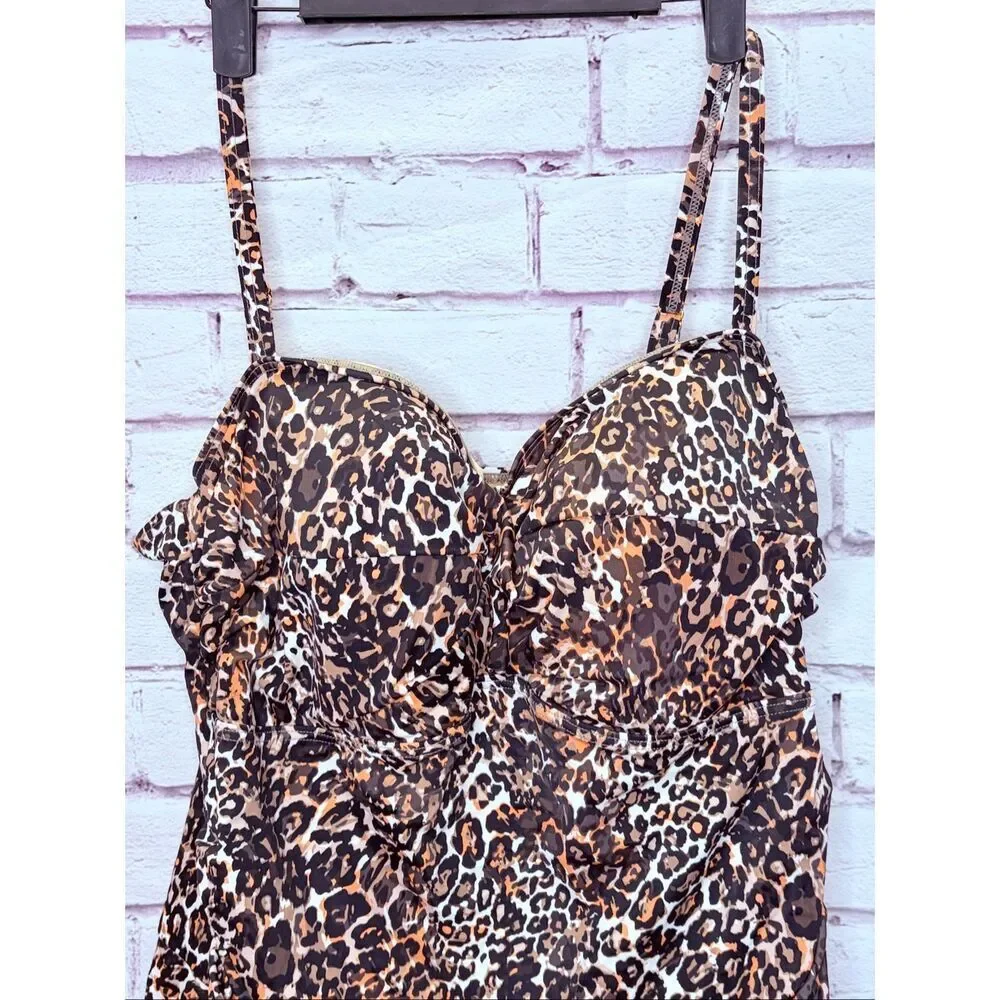 Swimsuits For All Womens Black Brown Leopard Print Swimsuit One-Piece Size 24